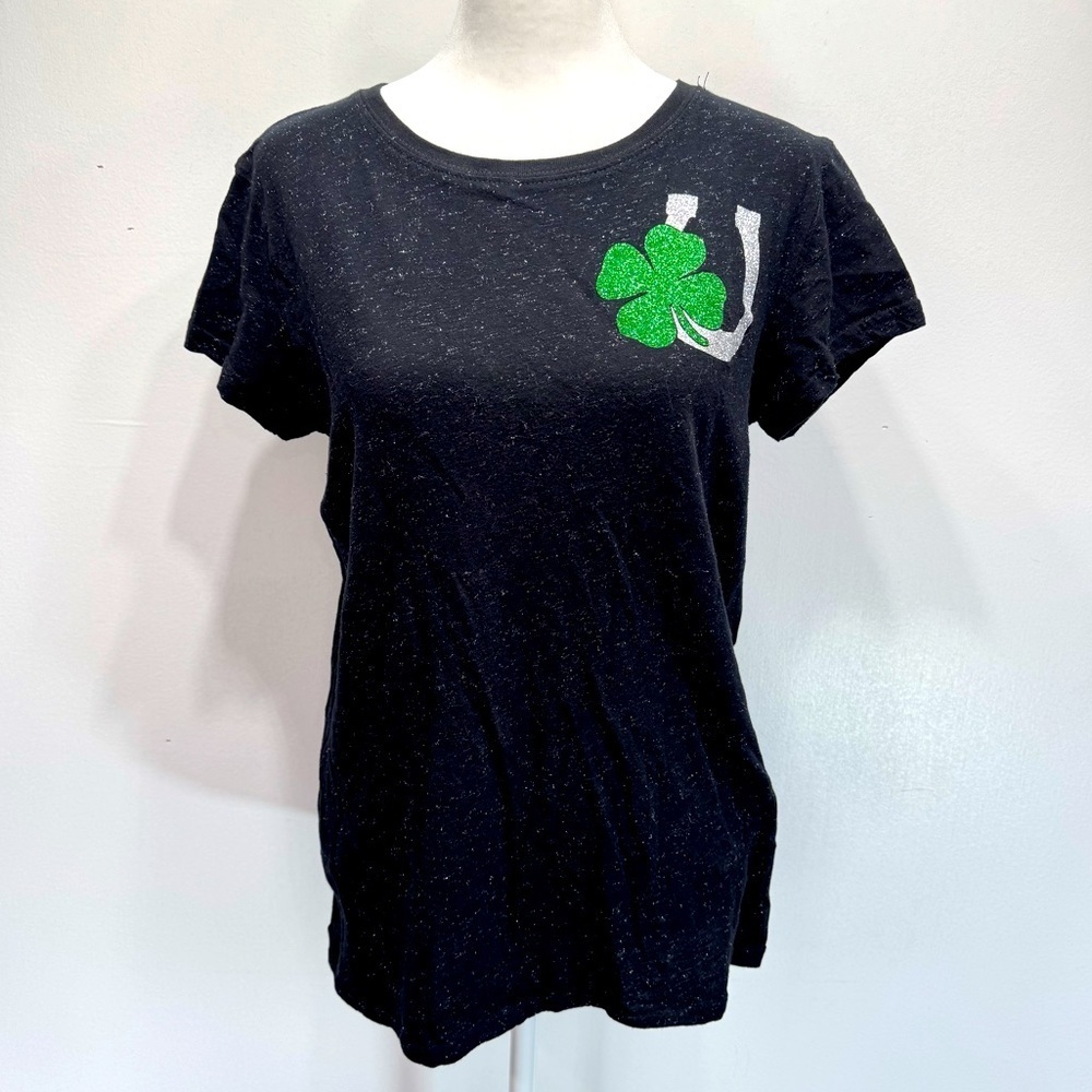 j. america Black Sparkly Slim Fit Tee Lucky Glitter Shamrock Clover & Horseshoe